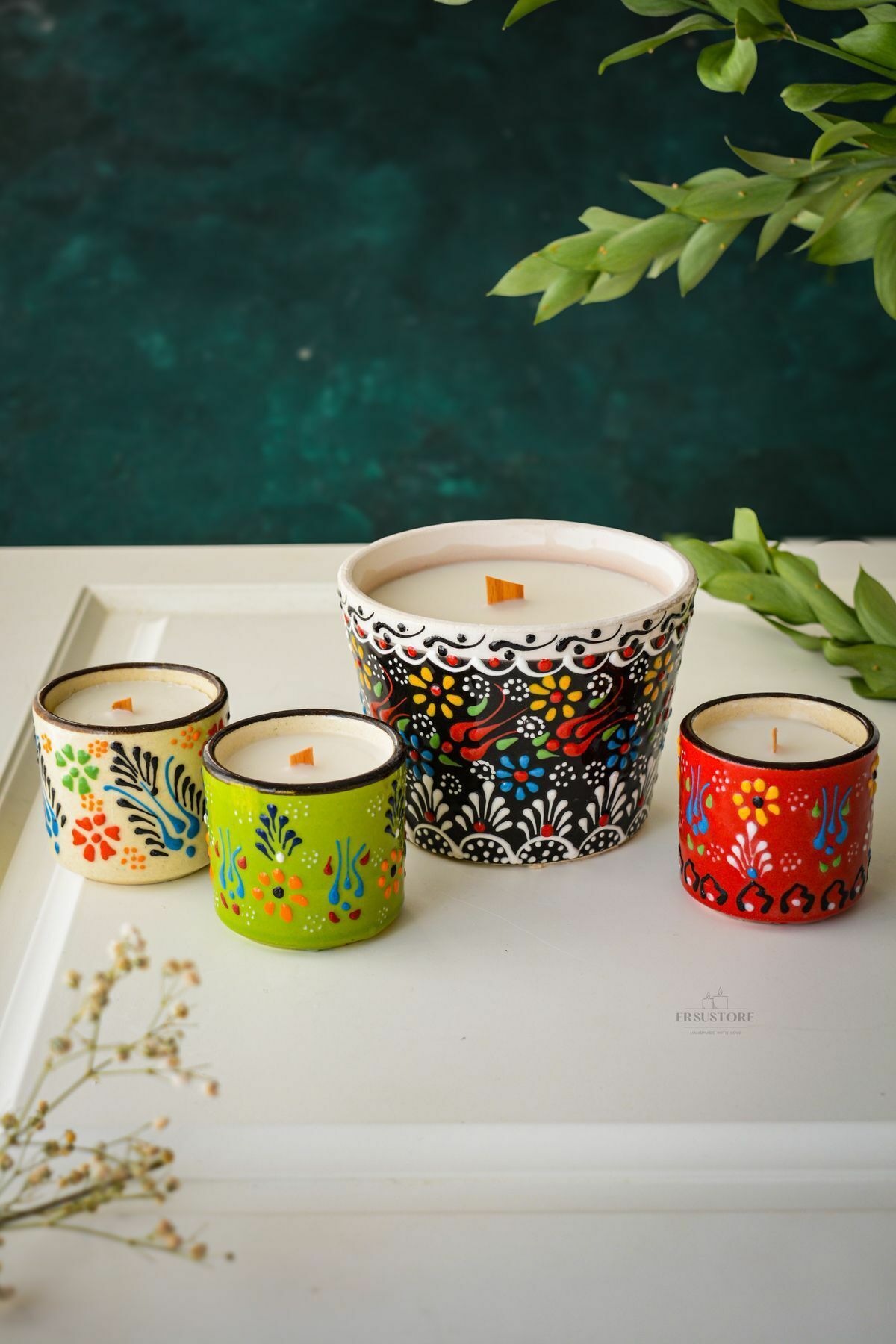 Etnik Çini Desenli Soya Wax Ahşap Fitilli Kokulu Dekoratif Mum Takımı