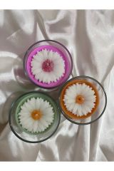 3 Adet Kokulu Soya Wax Papatya Dekorlu Cam Bardak Mum Seti