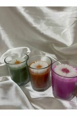 3 Adet Kokulu Soya Wax Papatya Dekorlu Cam Bardak Mum Seti
