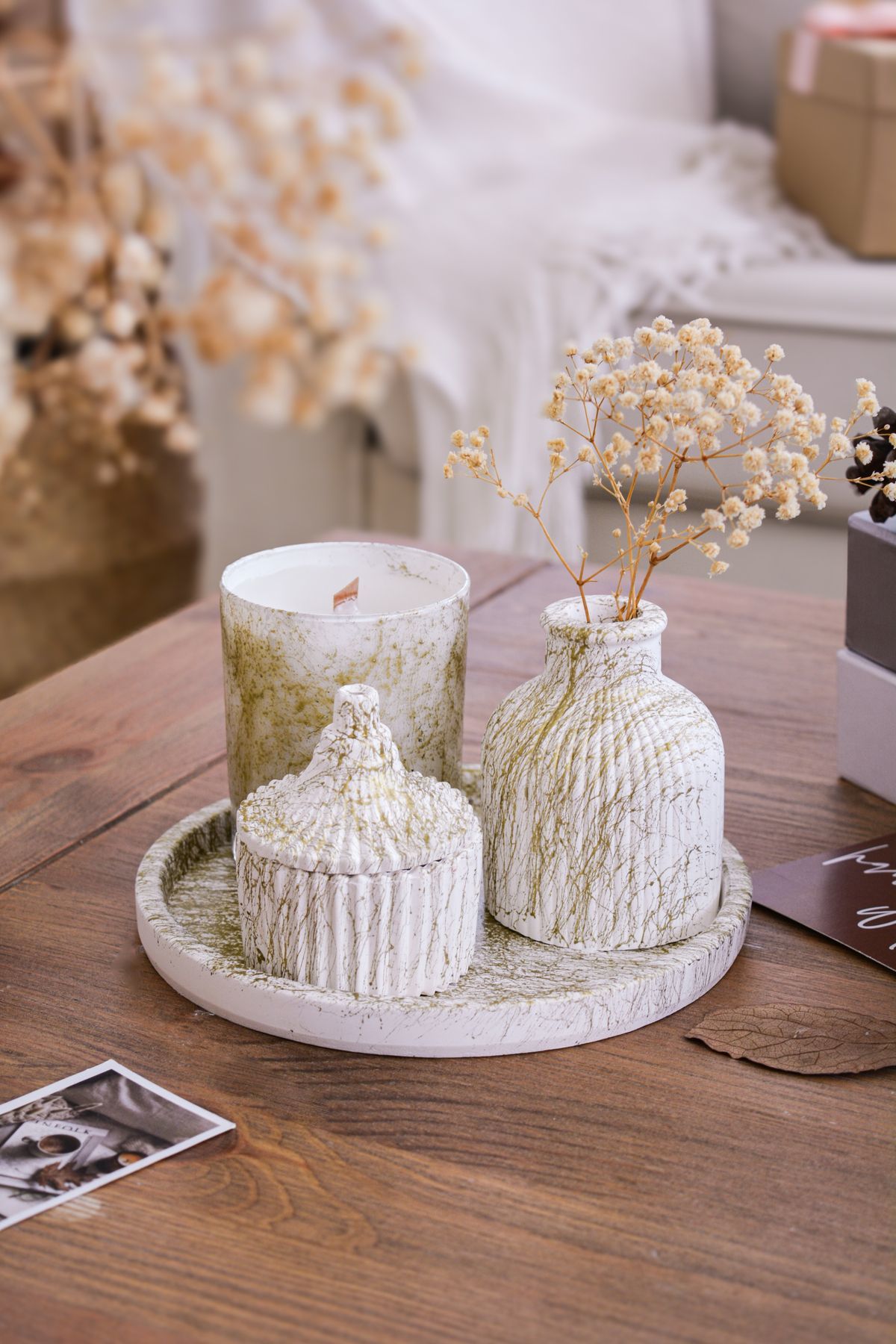 5 Parça Varak Desenli Beton Vazo Ve Cam Bardak Soya Wax Mum Seti