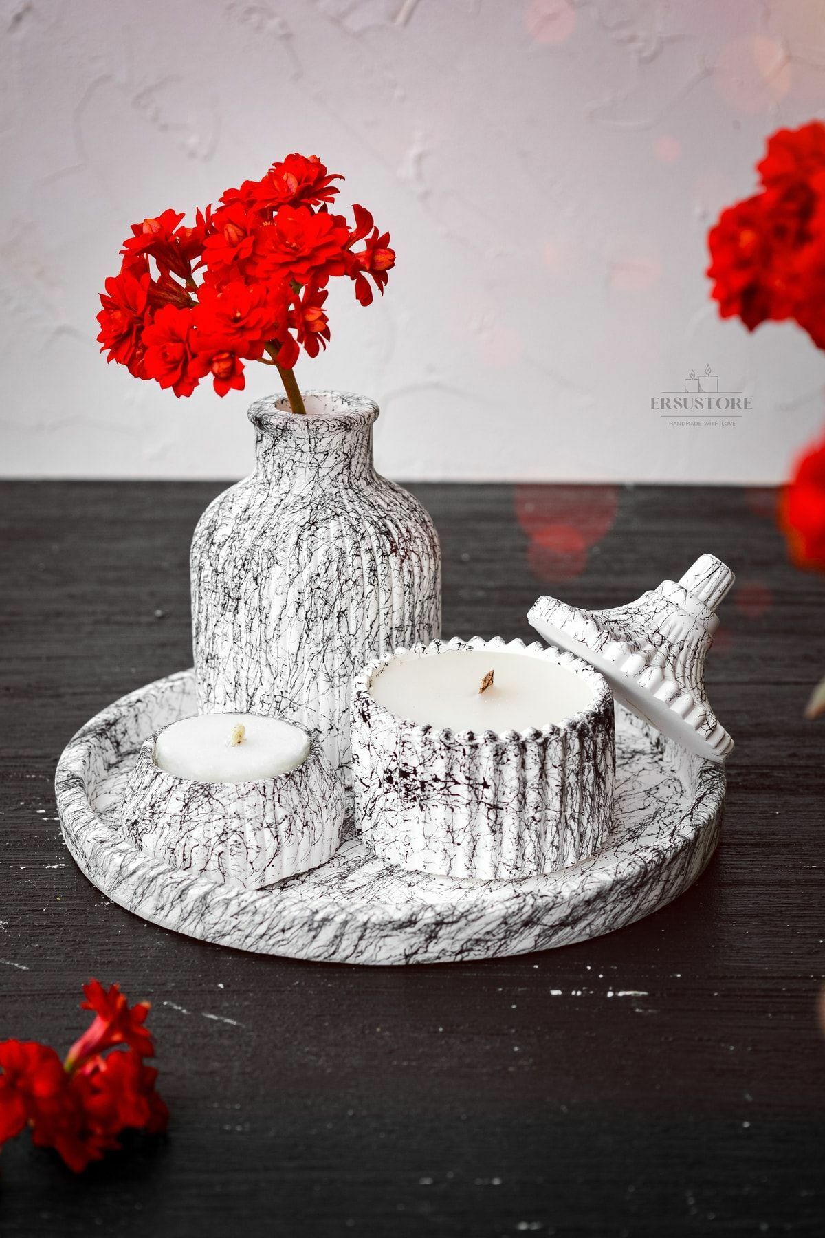 5 Parça Mermer Desen Dekoratif Beton Vazo Ve Vanilya Kokulu Soya Wax Mumluk Takımı