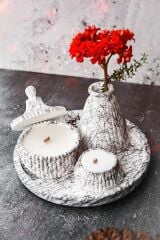 5 Parça Mermer Desen Dekoratif Beton Vazo Ve Vanilya Kokulu Soya Wax Mumluk Takımı