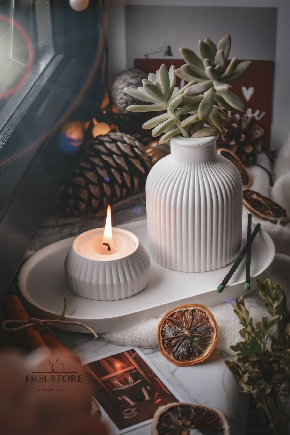 Beyaz Renk 3 Parça Tealight Vazo Tepsi Seti