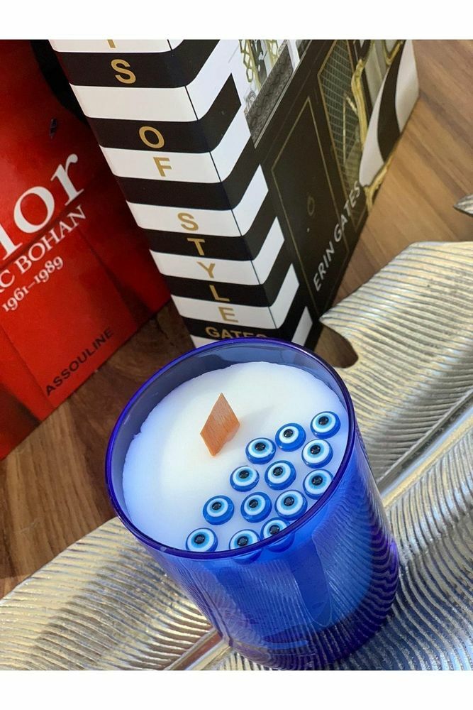 Nazar Boncuklu Vanilya Esanslı (KOKULU) Mavi Bardak Soya Mum