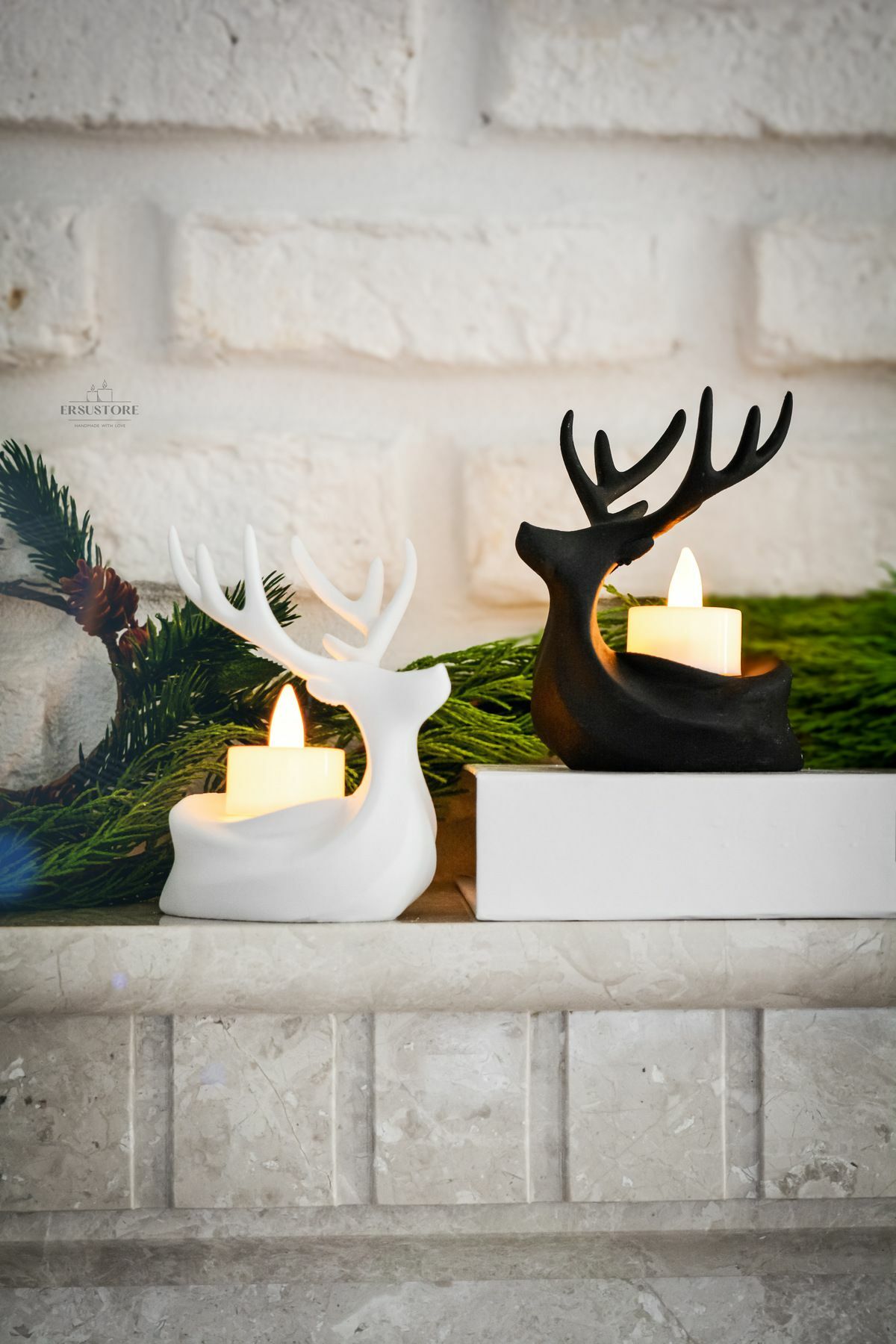 2 Adet Dekoratif Yılbaşı Süs Beyaz Siyah Tea light Geyik Seti