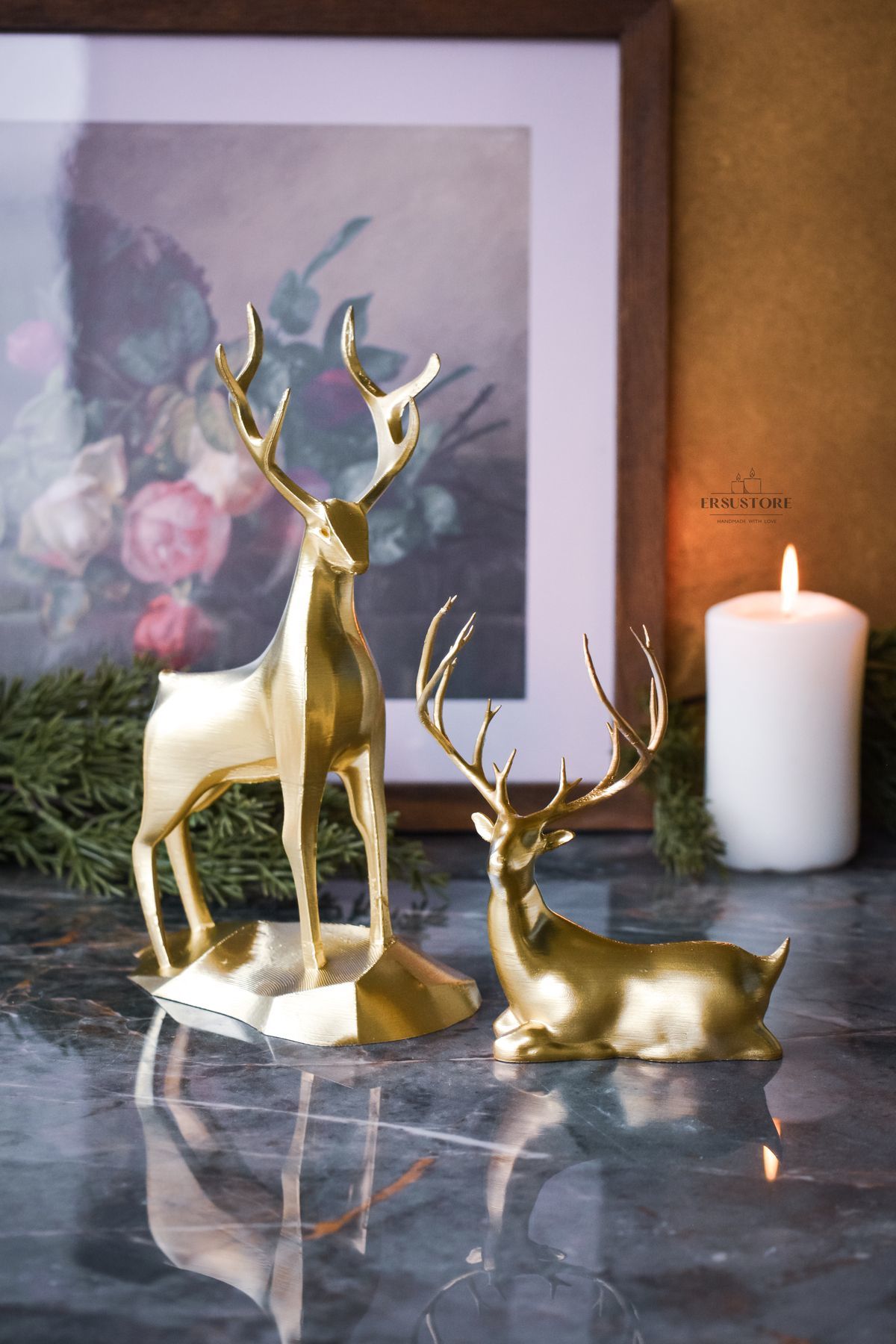 2'li 18cm Gold Altın ( Varak ) Dekoratif Hediyelik Obje Biblo Bioplastik Geyik Seti